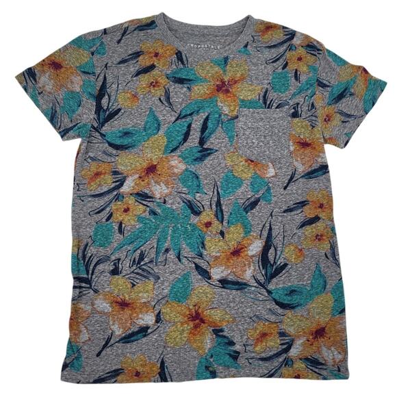Aeropostale Floral Print T-Shirt S/P Tropical Gray Yellow Teal Short‎ Sleeve - Picture 1 of 4